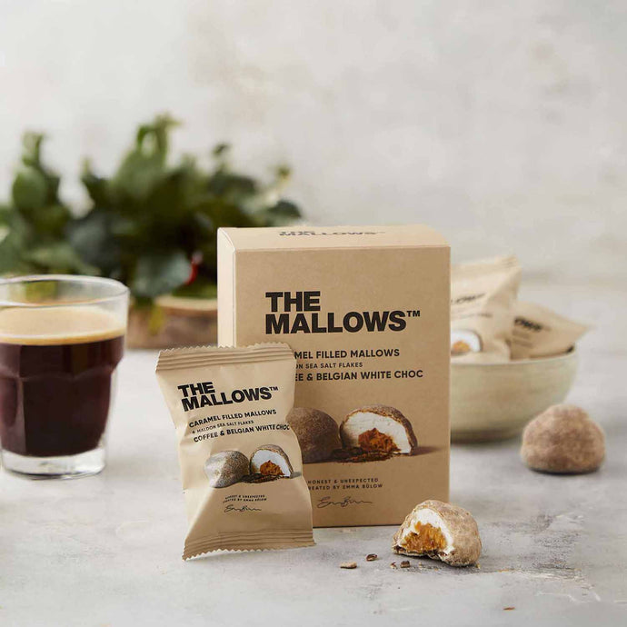 The Mallows, flowpack, CARAMEL FILLED MALLOWS + COFFEE & BELGIAN WHITE CHOC